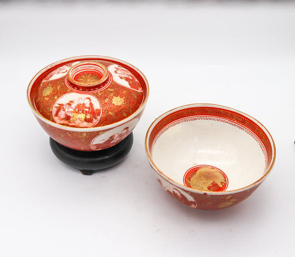 JAPAN Meiji 19th Century Kutani Ware Bowls With Red Decoration & Gold Accents