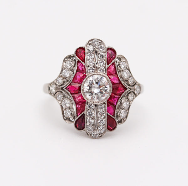 ART DECO 1930 American Geometric Ring In Platinum With 2.45 Ctw In Diamonds And Rubies