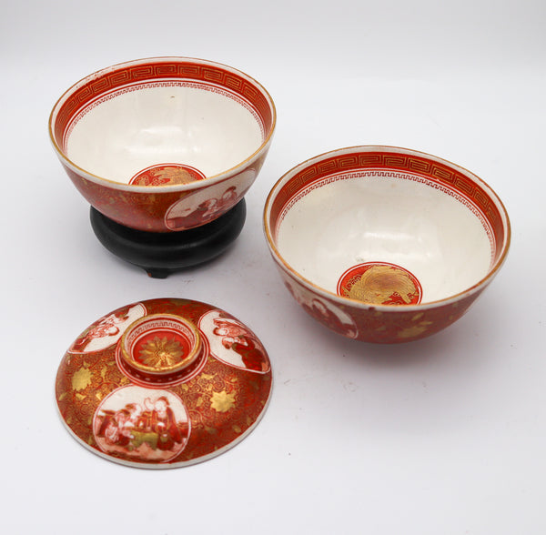 JAPAN Meiji 19th Century Kutani Ware Bowls With Red Decoration & Gold Accents