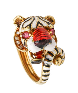 -Frascarolo Milano Enameled Tiger Cocktail Ring in 18Kt Gold With Diamonds And Rubies