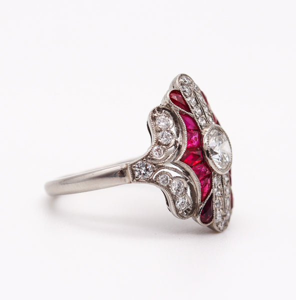 ART DECO 1930 American Geometric Ring In Platinum With 2.45 Ctw In Diamonds And Rubies