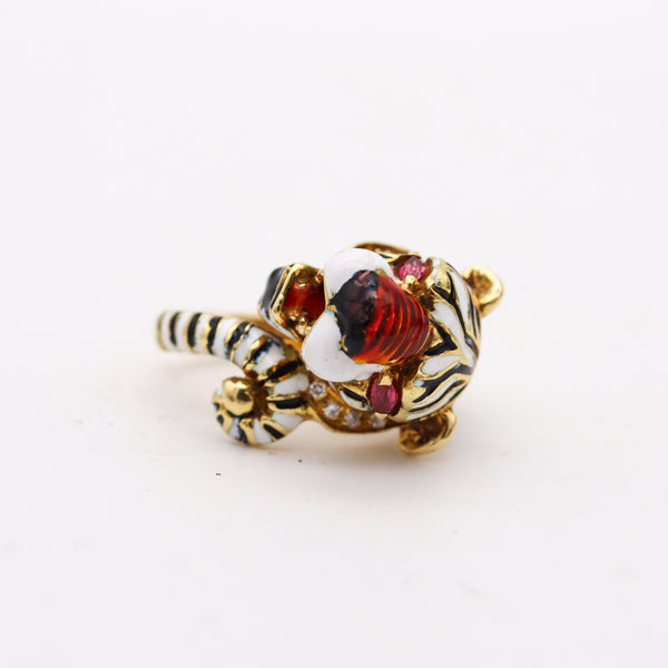 -Frascarolo Milano Enameled Tiger Cocktail Ring in 18Kt Gold With Diamonds And Rubies