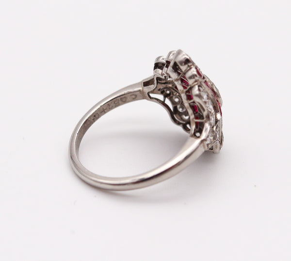 ART DECO 1930 American Geometric Ring In Platinum With 2.45 Ctw In Diamonds And Rubies