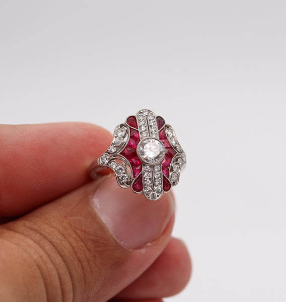 ART DECO 1930 American Geometric Ring In Platinum With 2.45 Ctw In Diamonds And Rubies