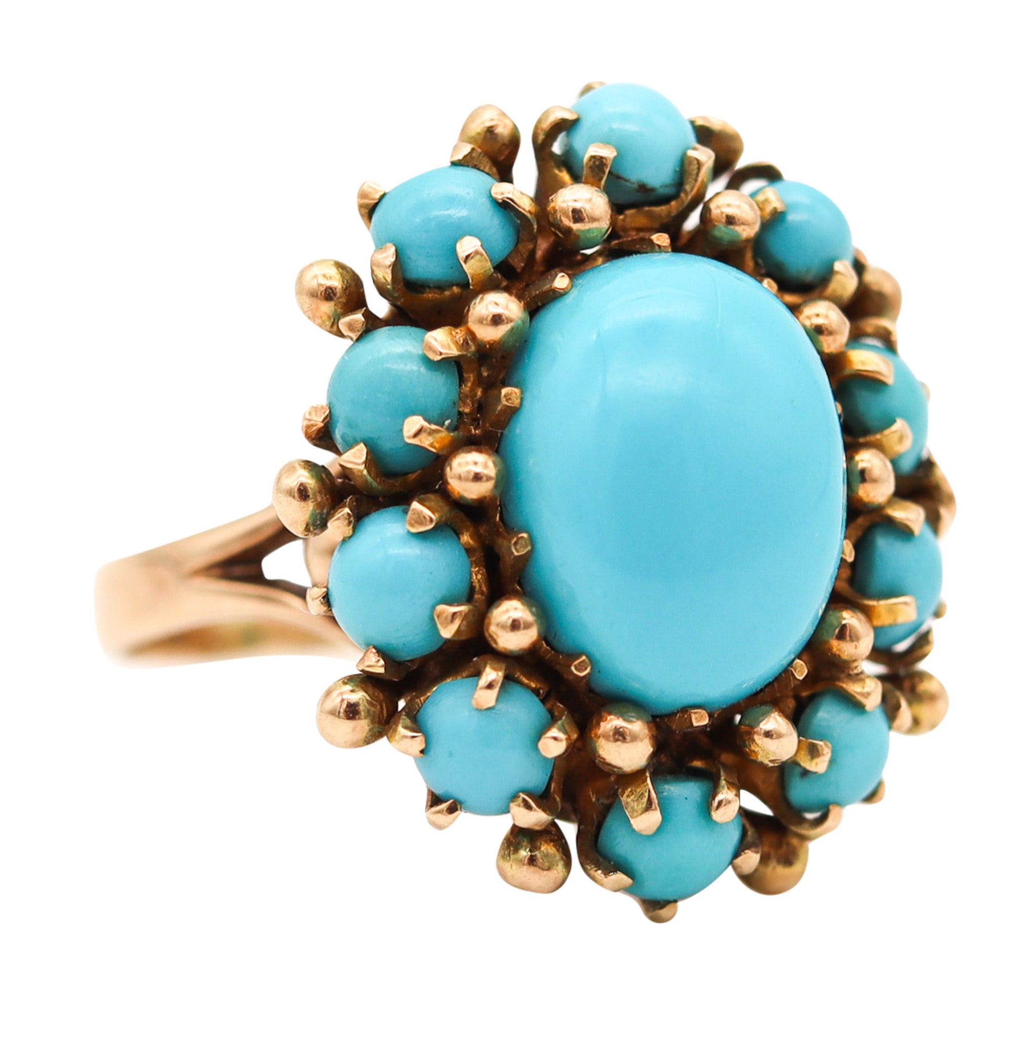 MID CENTURY 1960 Modernist Cluster Ring In 14Kt Yellow Gold With Turquoises