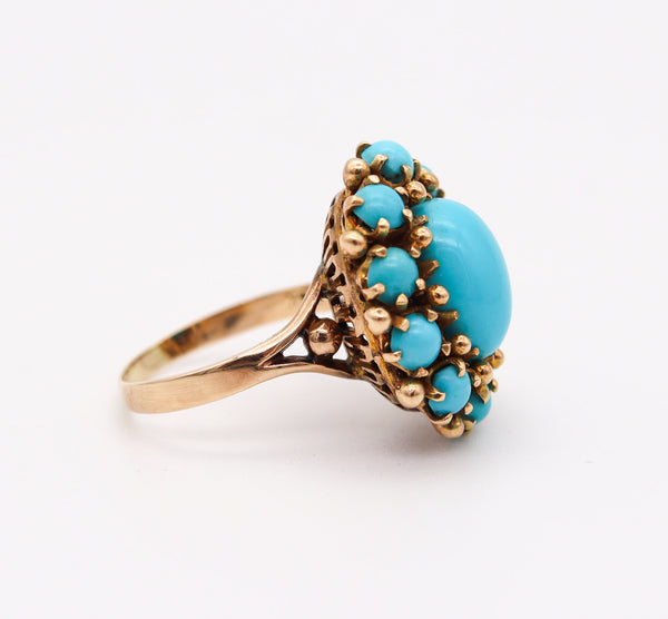 MID CENTURY 1960 Modernist Cluster Ring In 14Kt Yellow Gold With Turquoises