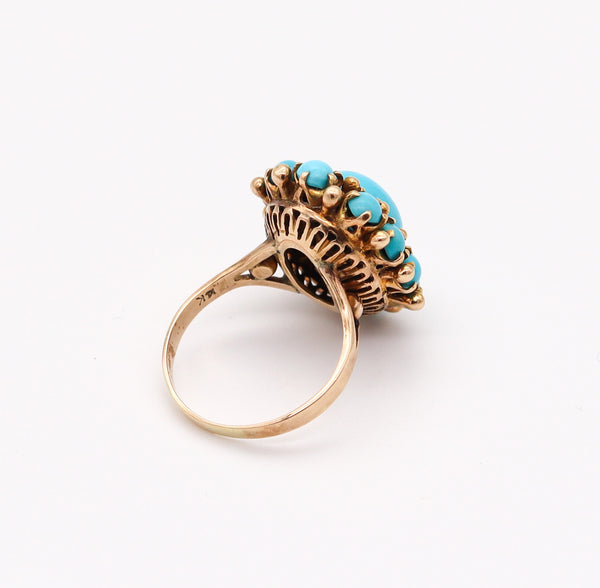 MID CENTURY 1960 Modernist Cluster Ring In 14Kt Yellow Gold With Turquoises