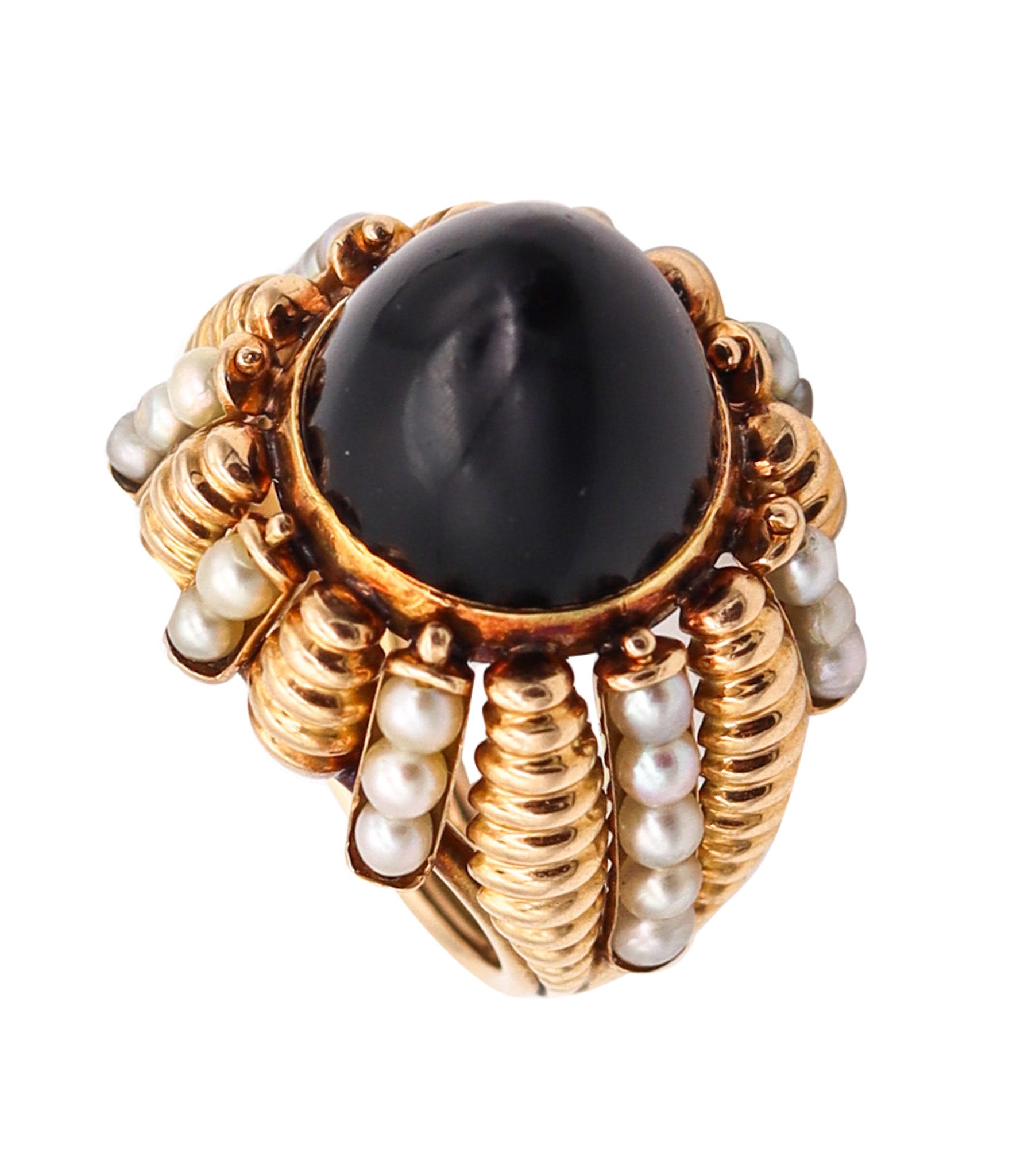 MID CENTURY 1960 Italian Modernist Cluster Ring In 18Kt Yellow Gold With Pearls And Onyx