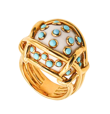 -Verdura Milan Polka Dots Ring In 18Kt Gold With 19.85 Ctw Turquoise And Coral