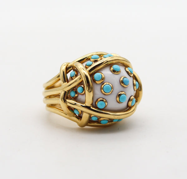 -Verdura Milan Polka Dots Ring In 18Kt Gold With 19.85 Ctw Turquoise And Coral