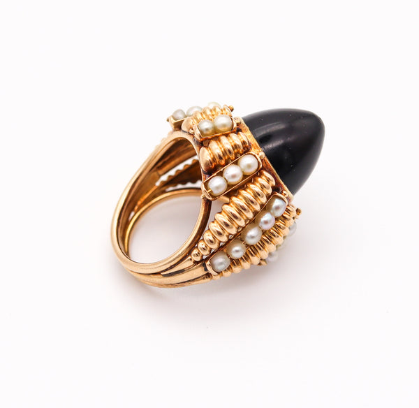 MID CENTURY 1960 Italian Modernist Cluster Ring In 18Kt Yellow Gold With Pearls And Onyx