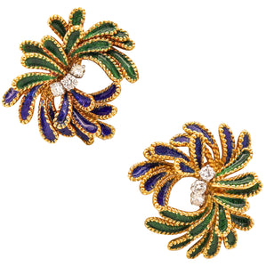 FRENCH 1960 Enameled Retro Modern Clips Earrings In 18Kt Yellow Gold With Diamonds