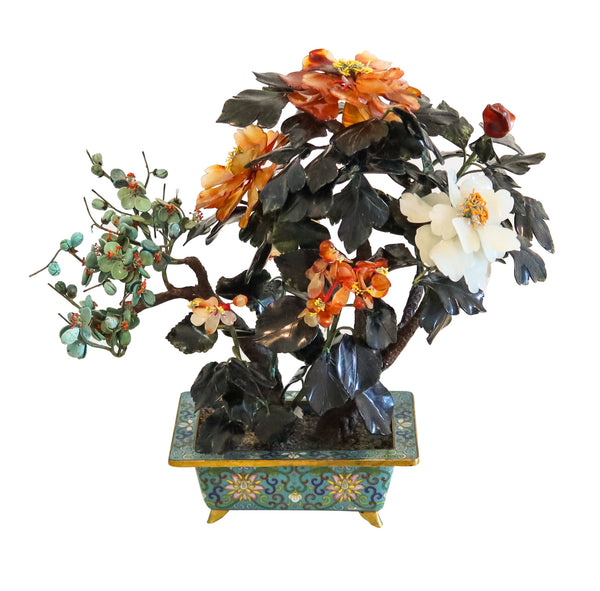 DECORATIVE Floral Bouquet Arrangements of Flowers Carved Jades In Cloisonne & Bronze Base