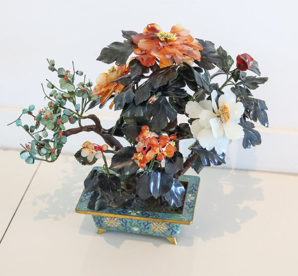 DECORATIVE Floral Bouquet Arrangements of Flowers Carved Jades In Cloisonne & Bronze Base