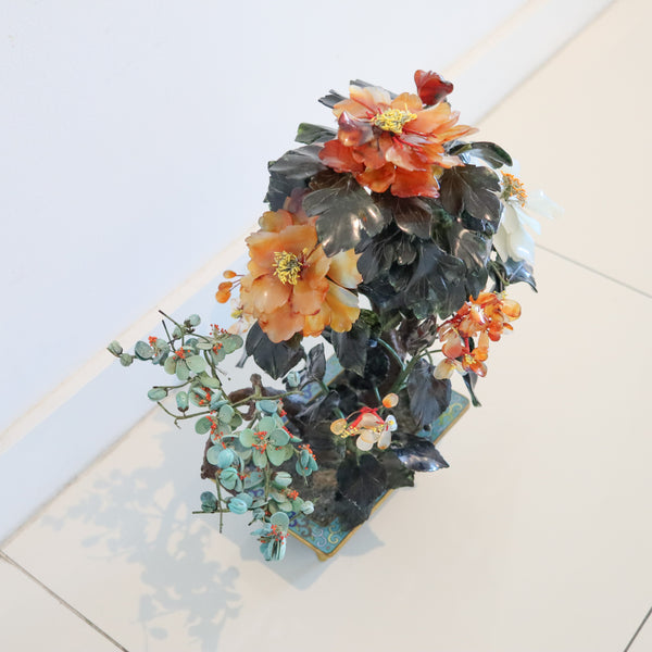 DECORATIVE Floral Bouquet Arrangements of Flowers Carved Jades In Cloisonne & Bronze Base