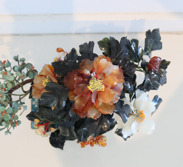 DECORATIVE Floral Bouquet Arrangements of Flowers Carved Jades In Cloisonne & Bronze Base