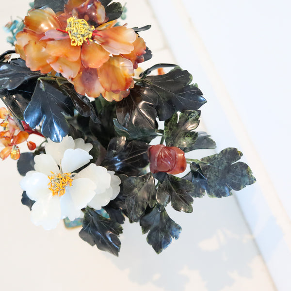 DECORATIVE Floral Bouquet Arrangements of Flowers Carved Jades In Cloisonne & Bronze Base