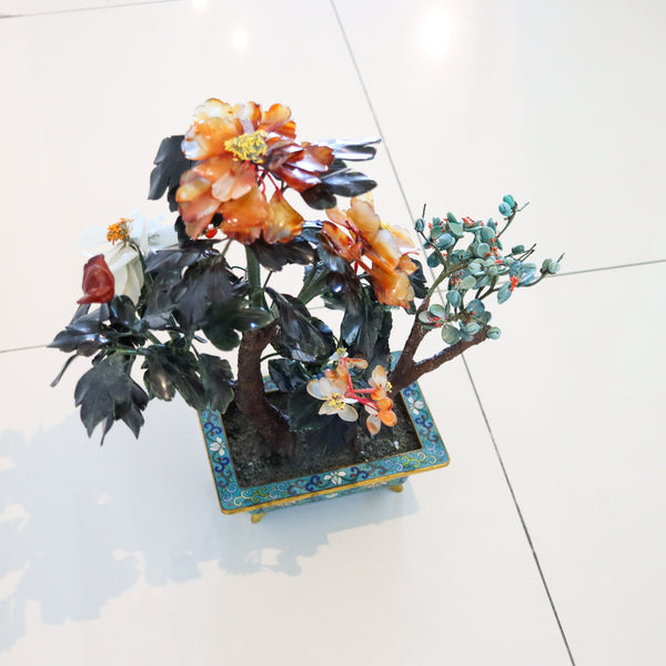 DECORATIVE Floral Bouquet Arrangements of Flowers Carved Jades In Cloisonne & Bronze Base