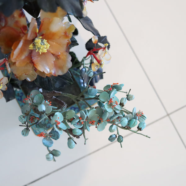DECORATIVE Floral Bouquet Arrangements of Flowers Carved Jades In Cloisonne & Bronze Base