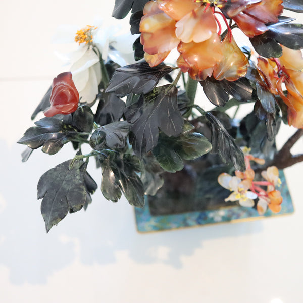 DECORATIVE Floral Bouquet Arrangements of Flowers Carved Jades In Cloisonne & Bronze Base