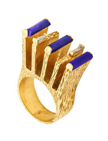 -Scandinavian 1970 Brutalism Ring In 14Kt Gold With Lapis And Diamonds