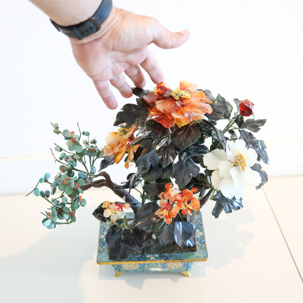 DECORATIVE Floral Bouquet Arrangements of Flowers Carved Jades In Cloisonne & Bronze Base