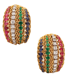 ITALIAN 1960 Clips On Earrings In 18Kt Gold With 5.86 Ctw In Diamonds And Gemstones