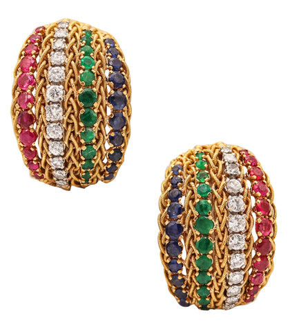 ITALIAN 1960 Clips On Earrings In 18Kt Gold With 5.86 Ctw In Diamonds And Gemstones