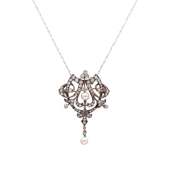 FRENCH 1880 Neo Classic Necklace-Brooch In 18Kt Gold & Silver With Diamonds & Pearls