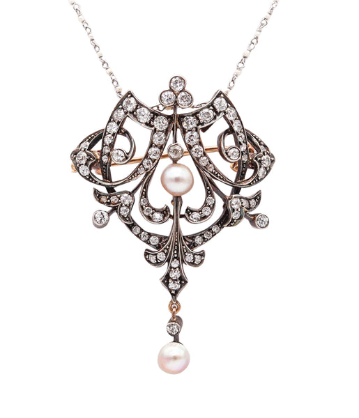 FRENCH 1880 Neo Classic Necklace-Brooch In 18Kt Gold & Silver With Diamonds & Pearls