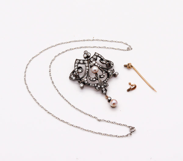 FRENCH 1880 Neo Classic Necklace-Brooch In 18Kt Gold & Silver With Diamonds & Pearls