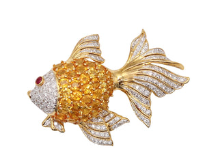 MODERNIST Fish Brooch In 18Kt Yellow Gold With Diamonds, Sapphires & Rubies