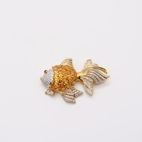 MODERNIST Fish Brooch In 18Kt Yellow Gold With Diamonds, Sapphires & Rubies