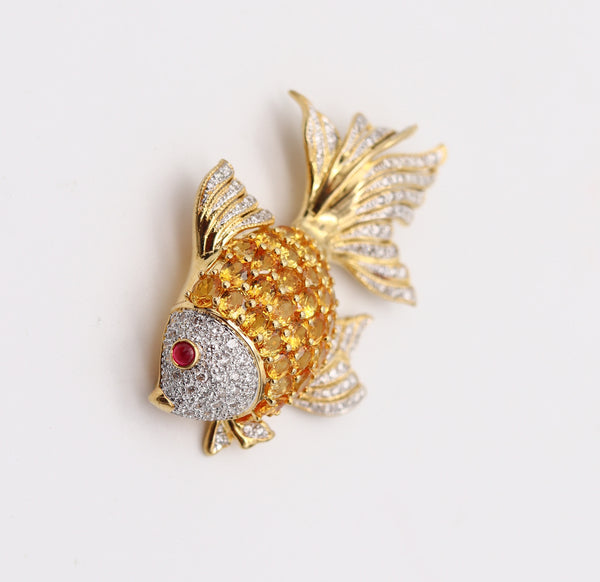 MODERNIST Fish Brooch In 18Kt Yellow Gold With Diamonds, Sapphires & Rubies