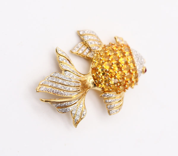 MODERNIST Fish Brooch In 18Kt Yellow Gold With Diamonds, Sapphires & Rubies