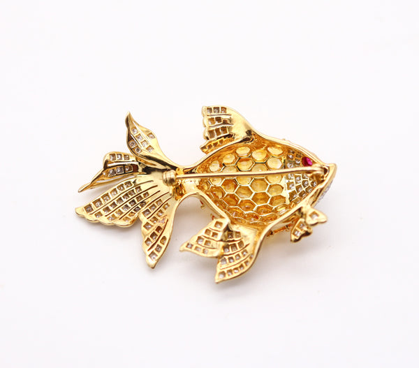 MODERNIST Fish Brooch In 18Kt Yellow Gold With Diamonds, Sapphires & Rubies