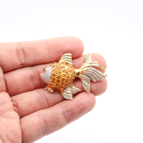 MODERNIST Fish Brooch In 18Kt Yellow Gold With Diamonds, Sapphires & Rubies