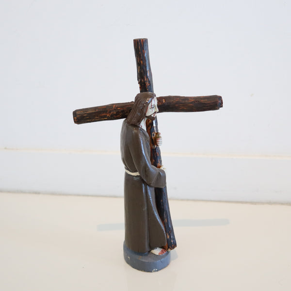PUERTO RICO Sculpted Carved Wood "Santos De Palo" of Christ Carrying the Cross
