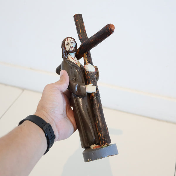 PUERTO RICO Sculpted Carved Wood "Santos De Palo" of Christ Carrying the Cross