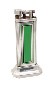 DUNHILL London Art Deco Green & Black Enamel Desk Lighter in .925 Sterling Silver