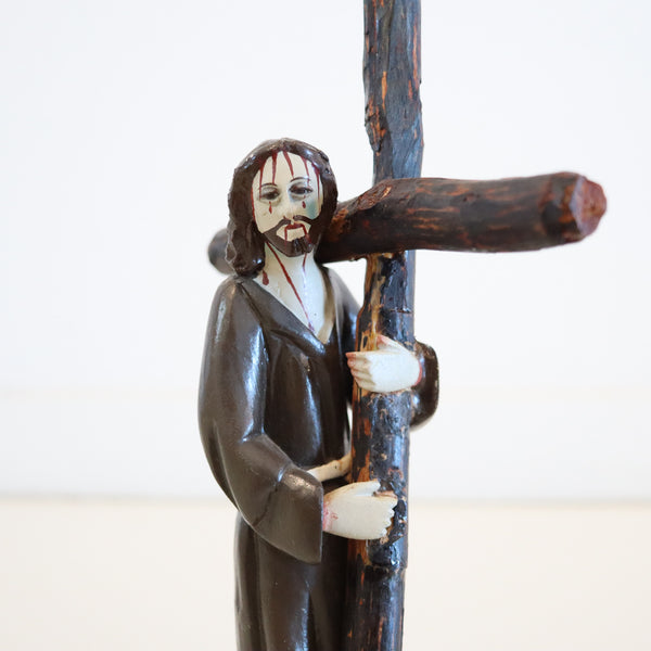 PUERTO RICO Sculpted Carved Wood "Santos De Palo" of Christ Carrying the Cross