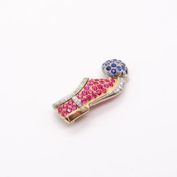 PAUL FLATO 1940 Shoe Brooch In 18Kt Gold, Platinum, Diamonds, Sapphires & Rubies