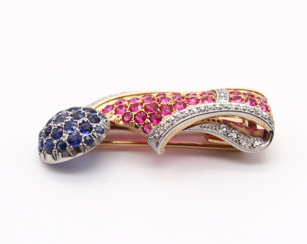 PAUL FLATO 1940 Shoe Brooch In 18Kt Gold, Platinum, Diamonds, Sapphires & Rubies