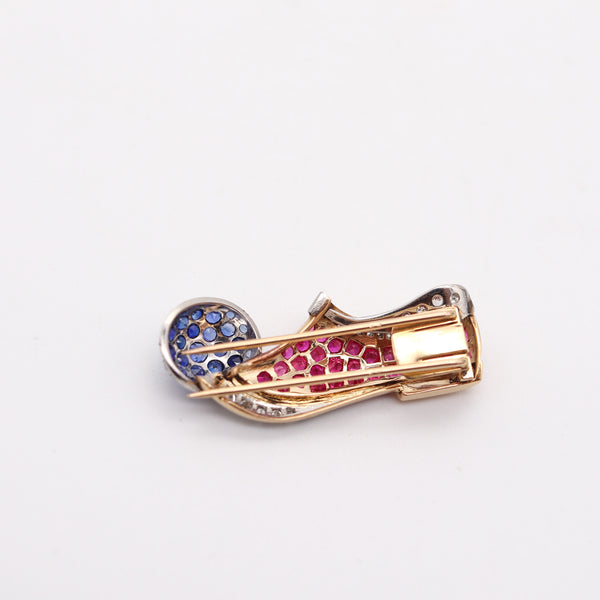 PAUL FLATO 1940 Shoe Brooch In 18Kt Gold, Platinum, Diamonds, Sapphires & Rubies