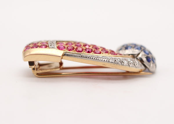 PAUL FLATO 1940 Shoe Brooch In 18Kt Gold, Platinum, Diamonds, Sapphires & Rubies