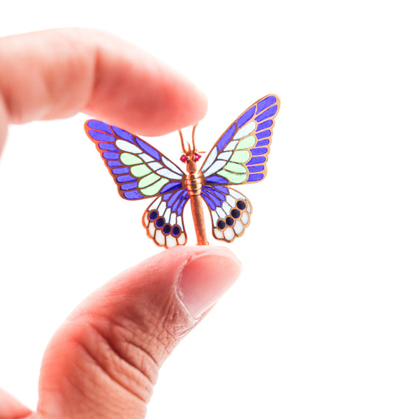 SPANISH Art Nouveau Plique à Jour Enamel Butterfly Brooch In 18Kt Yellow Gold