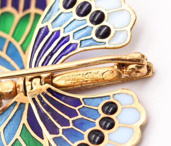 SPANISH Art Nouveau Plique à Jour Enamel Butterfly Brooch In 18Kt Yellow Gold