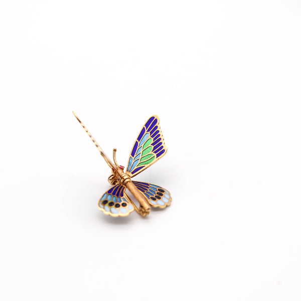SPANISH Art Nouveau Plique à Jour Enamel Butterfly Brooch In 18Kt Yellow Gold