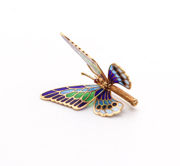 SPANISH Art Nouveau Plique à Jour Enamel Butterfly Brooch In 18Kt Yellow Gold
