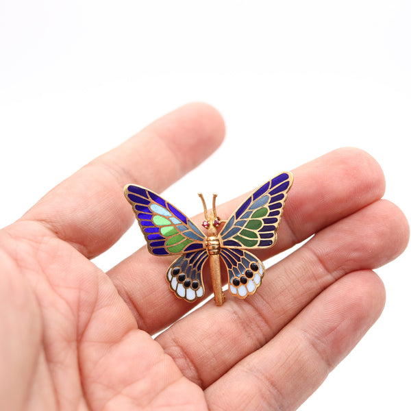 SPANISH Art Nouveau Plique à Jour Enamel Butterfly Brooch In 18Kt Yellow Gold